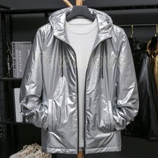 Men Metallic Shiny Jacket Hooded Front Zip Coat Holographic Windbreaker Top Chic
