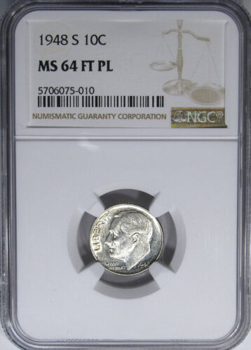 1948-S 10C NGC MS64FT PL PROOFLIKE ROOSEVELT ~ RARE PROOFLIKE FT! - Picture 1 of 5