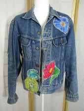 Vintage Lee PATD 153438 Applique Denim Jean Jacket Size 42L Blue Made in USA