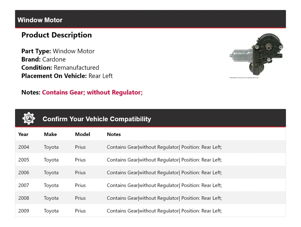 Motor ventana trasero izquierdo cardone 2005 2006 2007 2008 Toyota Prius 2004-2009 Foto 2 de 4