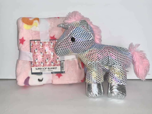 silver one sherpa plush stuffed animal and throw blanket