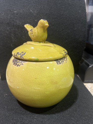 Green Ceramic Jar with Bird on Lid Aged Finish Rustic Style 6.5” x 5” x 7”