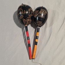 Vintage Maracas Haitian Hand Painted Wood Rumba Musical Shakers Haiti 10" - 2