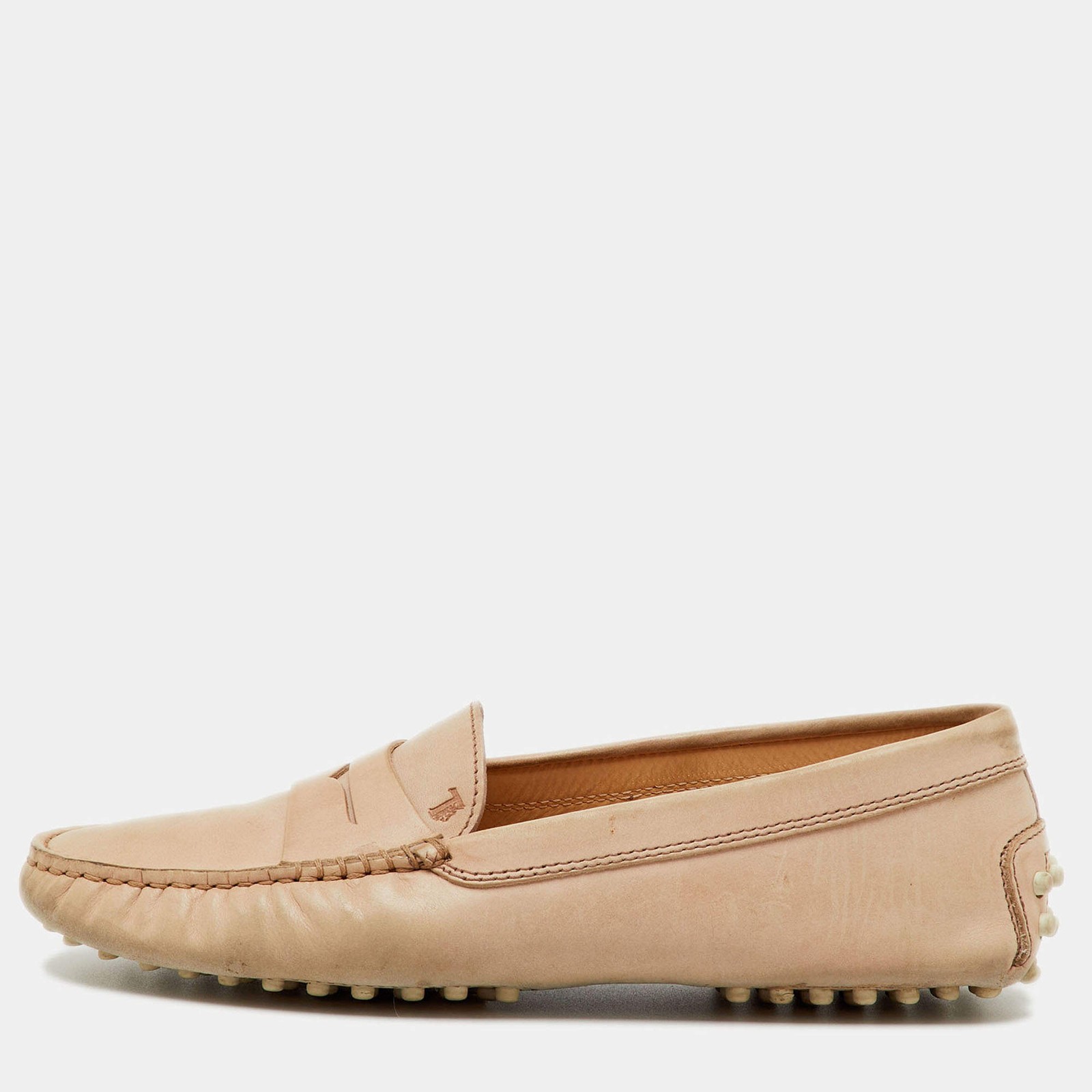 Tods Beige Leather Penny Slip On Loafers Size 36