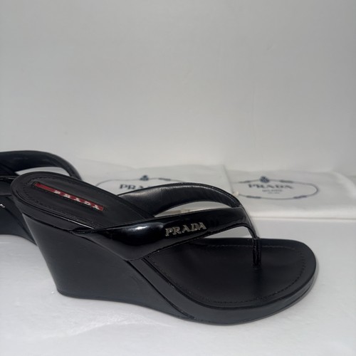 AUTHENTIC PRADA SPORT 38.5 BLACK PATENT LEATHER LOGO WEDGE SANDALS THONGS SHOES