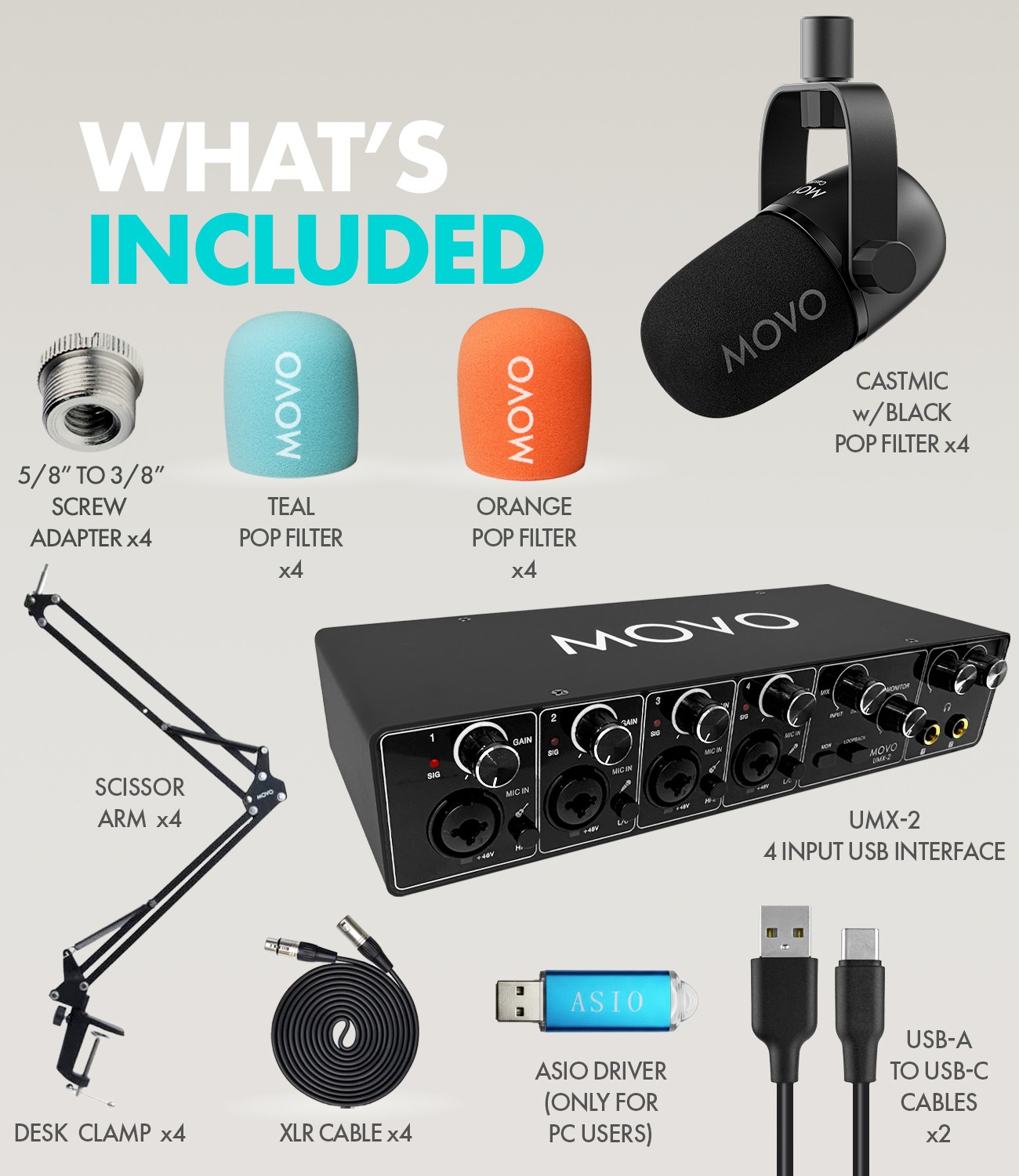 Movo 4-Person Podcast Equipment Bundle With Boom Arms