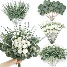100 Pcs 7 Kinds Mixed Artificial Eucalyptus Leaves Stems Bulk with Flowers Fa...