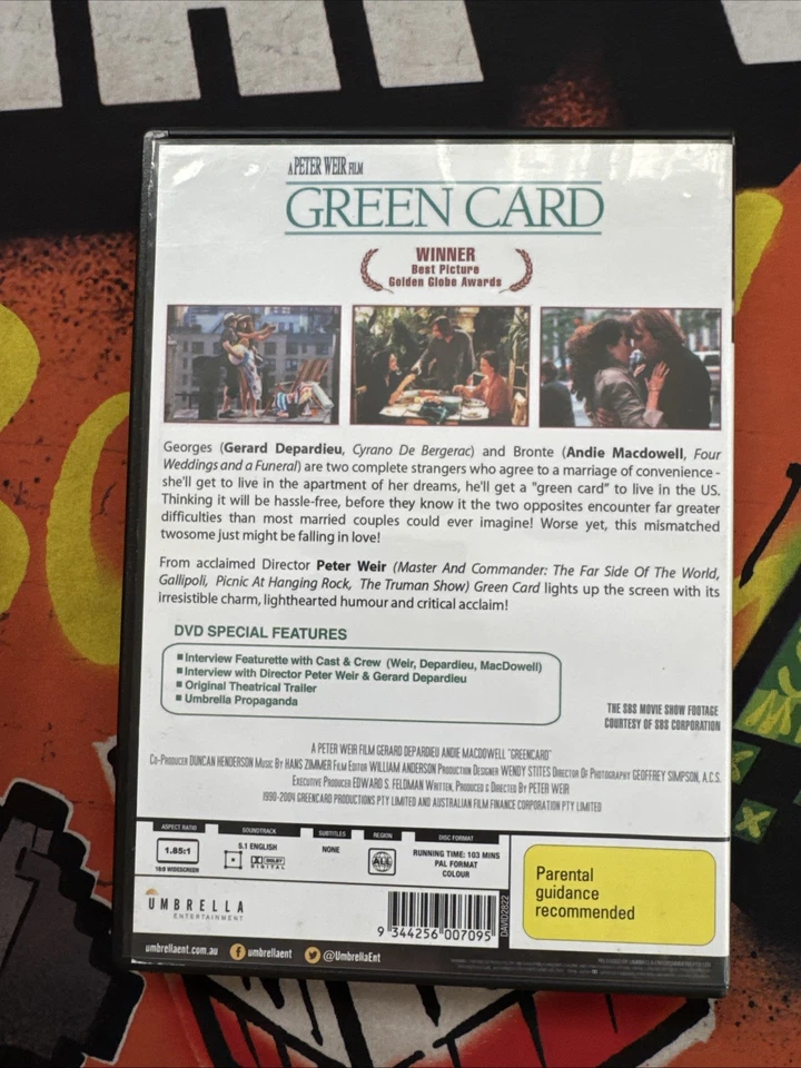 Green Card (DVD 1990) Gerard Depardieu Andie MacDowell Region all - image 2 of 2