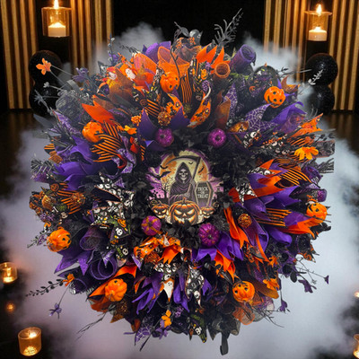 Grim Reaper Halloween Wreath, Spooky Front Door Decor, Gothic Halloween Wreath