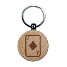 Playing Card Ace of Diamonds Engraved Wood Round Keychain Tag Charm