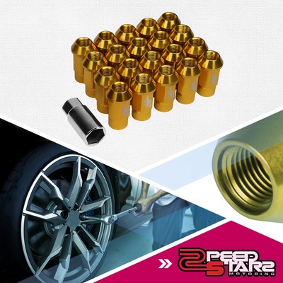 J2 M12X1.5 7075-T6 ALUMINUM 24MM OD/44MM 20PCS LUG NUT SET+SOCKET ADAPTER GOLD