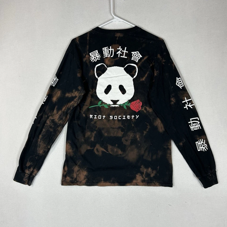 Riot Society 长袖 T 恤男式中号熊猫玫瑰染料黑色棕色 T 恤 — 第 4/4 张图片