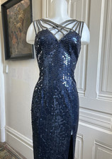 Vintage 90s Y2K NiteLine Della Roufogali Strappy Sequin Beaded Gown Blue Sz S/M