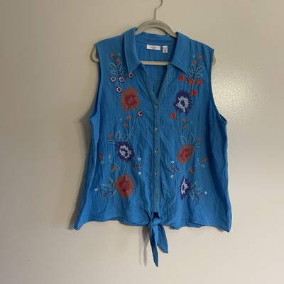 Susan Graver PASSPORT Sz 2X Blue Embroidered Cotton Gauze Tie Front Shirt NWOT