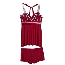 Tankini Swimsuit Womens 2XL Red White Strappy Mesh Swimdress Set Padded Cups
