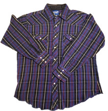 VTG Wrangler Western Pearl Snap Plaid Flannel Shirt Large Blue 80's Cowboy FLAW