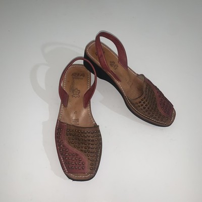 RIA Menorca Sandals Womens Size 10 Brown Red Leather Slingback Wedge Handmade