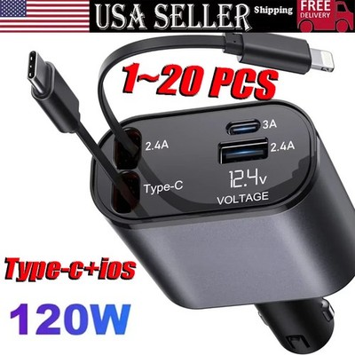 Retractable Car Charger 4in1 Fast Car Phone 16 Charger 120W USB Type C Cable Lot