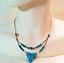 Silvertone Dyed Howlte.Turquoise Chip & shell bead Layered Bib Necklace