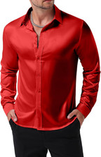 Mens Shiny Luxury Satin Slim Fit Dress Shirts Silk-Like Glossy Long Sleeve Butto