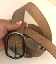 Mens L NETHERLANDS Natural Brown COW LEATHER BELT Pewter Buckle 1.5" W