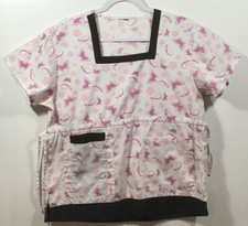 Pink Ribbon Scrub Top women M Medium butterflies flowers Breast Cancer Support