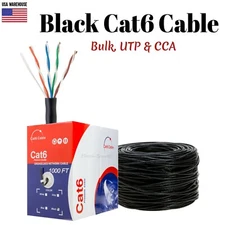 1000ft Cat6 Black Ethernet Network Cable Solid 23AWG Copper Clad CCA Bulk Wire