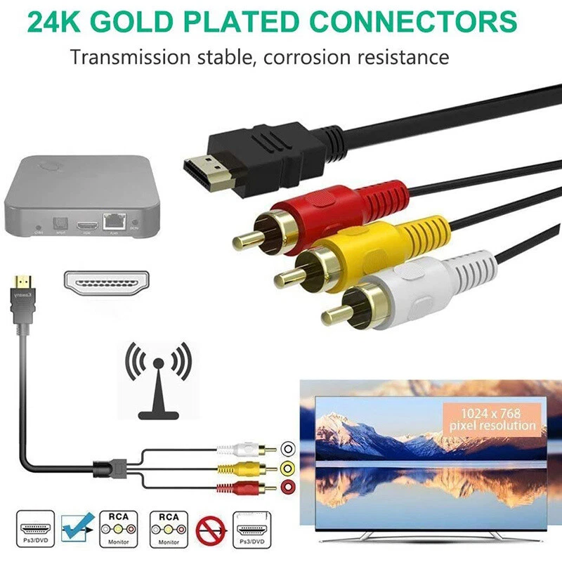 1080P HDMI Male to 3 RCA S-video AV Audio Cable Cord Adapter for TV HDTV DVD US - Image 3 of 4