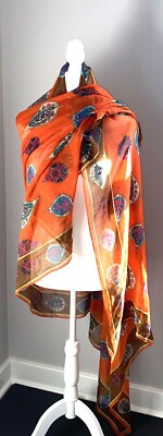  Printed Village Scarf Shawl Paisley Orange Brown Boho Global