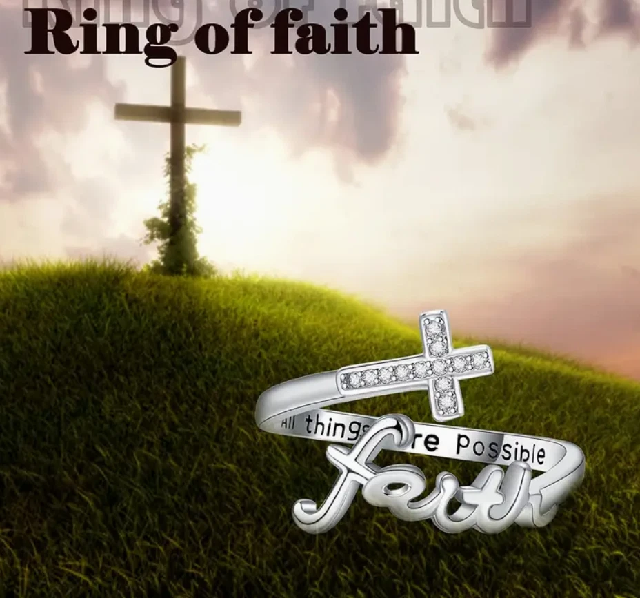 ✨ Always Blessed 925S Cruz "FE" con Circonita Cúbica Envoltura Anillo Ajustable ✨ Foto 3 de 4