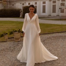 Simple Chiffon A-Line Wedding Dresses V-Neck Puff Sleeves Backless Sweep Train