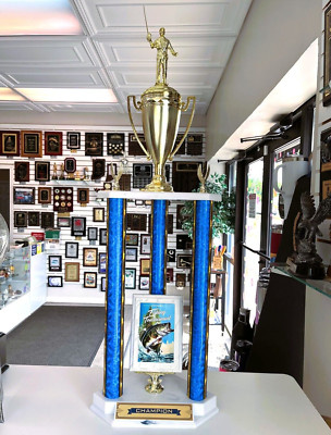 FISHING TROPHY LARGE THREE POST TROPHY 39 1/2 INCHES TALL AWARD YOUR COLOR@