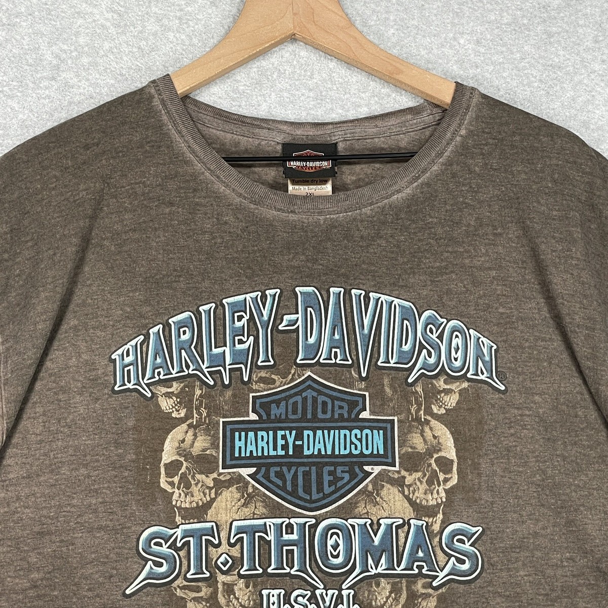 Harley Davidson Shirt 2XL Brown Motorcycle Biker Skull St Thomas