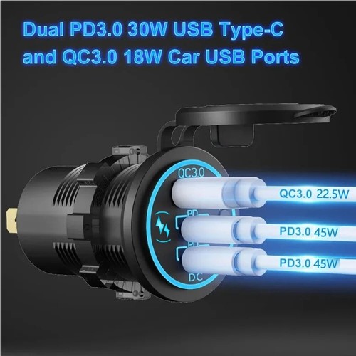 12V/24V USB-Steckdose 3 Port-Dual PD 20W USB C Autoladegerät-Blau Voltmeter - Bild 5 von 20
