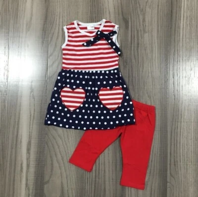 NEW Boutique Patriotic Ruffle Tunic Dress Leggings Girls Outfit Set 4th of July - Image 1 of 3