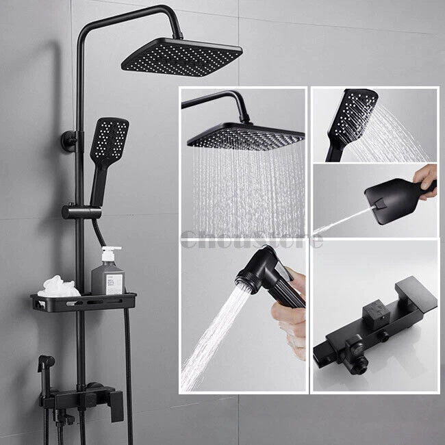 Black Square Bathroom Rain Shower Head Bath Jet Mixer Faucet Tub Tap Set Matte