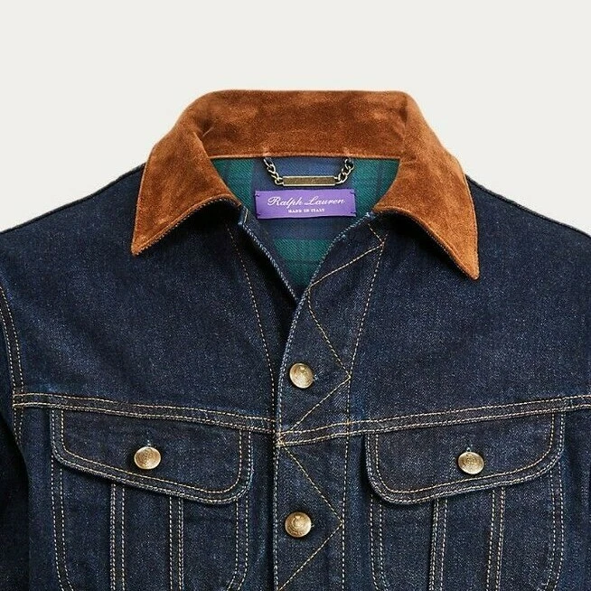 Chaqueta de Camionero Ralph Lauren Etiqueta Púrpura Italia Delgada Cuero Gamuza Índigo Denim Foto 2 de 4