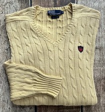 VINTAGE POLO RALPH LAUREN V-NECK CABLE KNIT SWEATER SHIELD CREST MENS XL EUC
