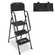 BLACKHORSE-RACING 3 Step Ladder w/ Handrails & Tool Bag 500 lbs Folding Black