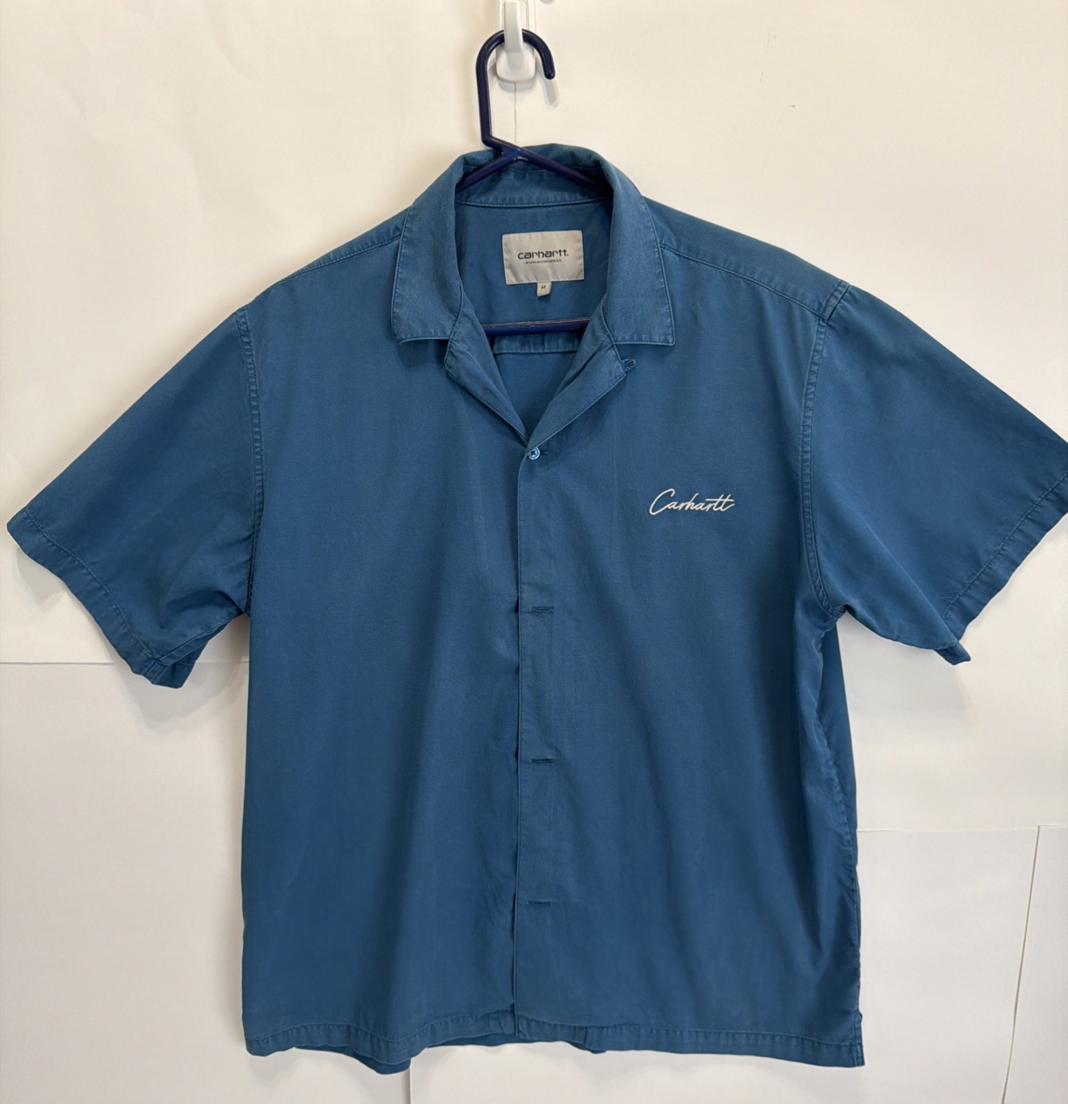 Carhartt Short-Sleeve Shirt, Size Medium WIP Delray Blue Color Camp Collar Men’s