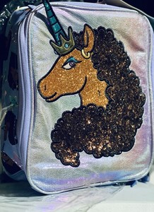 Afro Unicorn Kids Insulated Reusable Lunch Bag w/ Handle, Purple/Blue