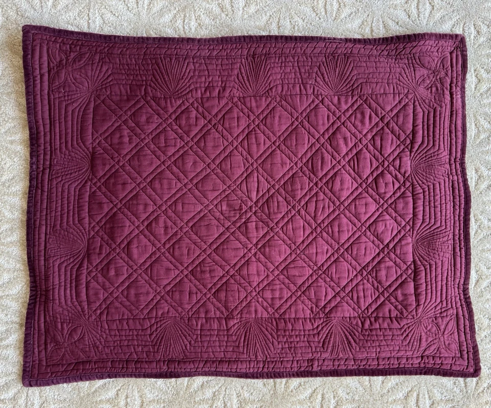 Ralph Lauren F/Q Quilt Set Reversible RL Logo Print Burgundy Velvet Trim Shams - Image 3 of 4