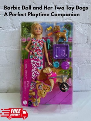 Barbie Puppe Haustierpflege Set HTK37 mit 2 Hunden & Rollstuhl Welpen Zubehör 10+ Teile