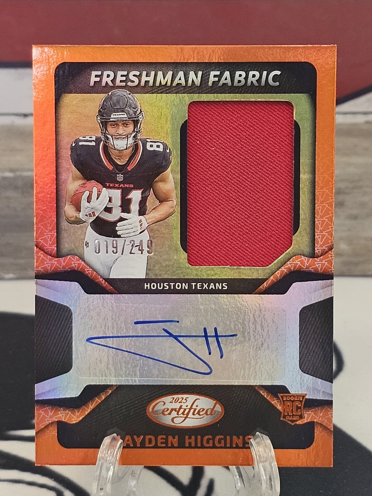 2025 Panini Certified Jayden Higgins Freshman Fabric Autograph Orange /249 RC