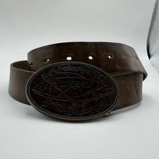 Vintage Diesel Logo Buckle Leather Belt Brown Distressed Italy Size 85 Oval