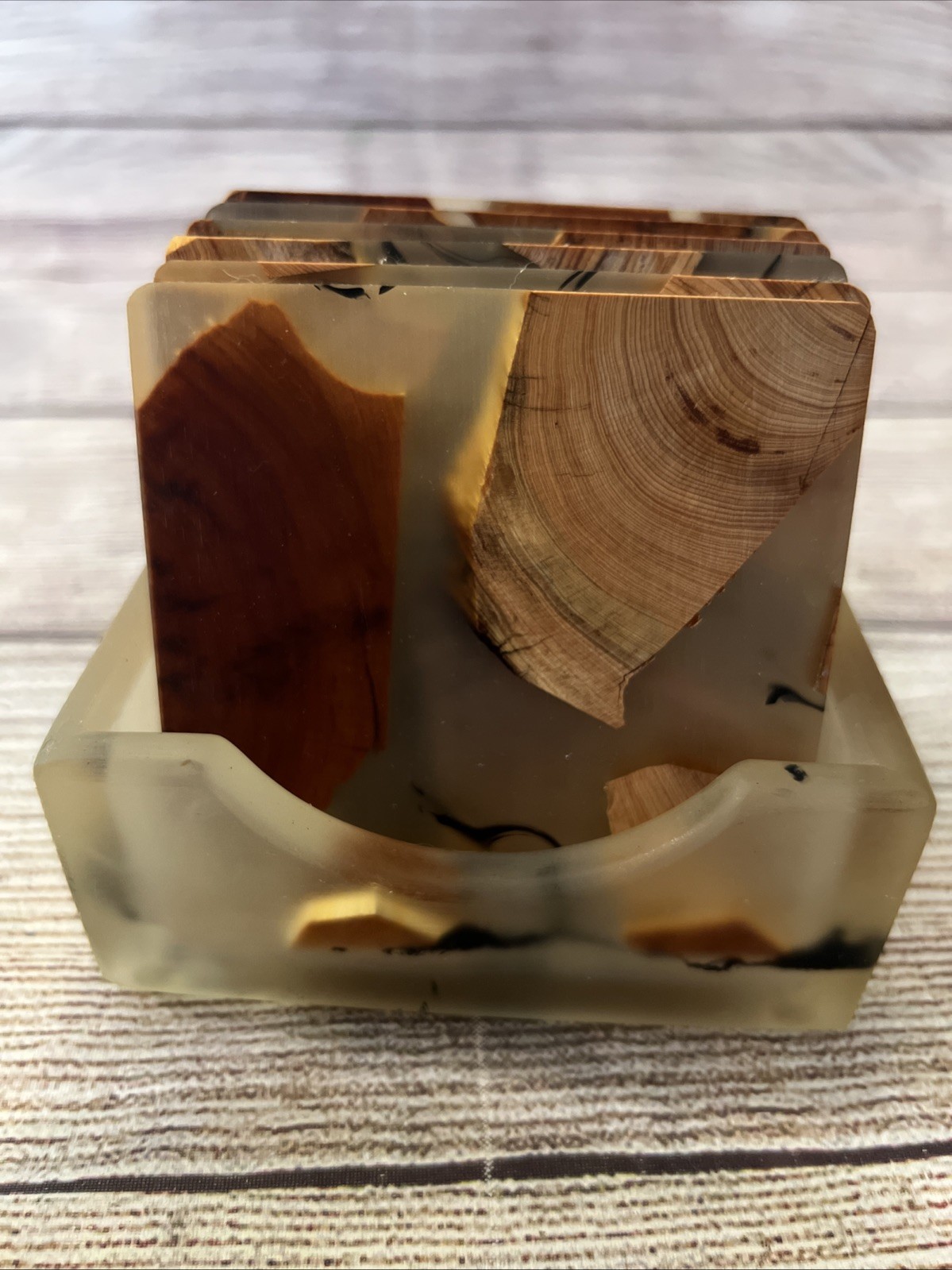 Avocrafts 6-Piece Wood Epoxy Coaster Set with Square Holder 3.5 Inch-image