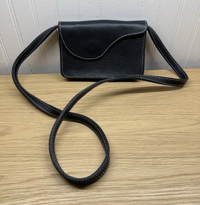 Vera Pelle Black Pebbled Leather Crossbody Bag Snap Closure Plaid Lining