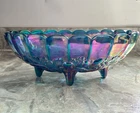Indiana Iridescent Carnival Glass BLUE Harvest Grape Footed Fruit Bowl Vintage