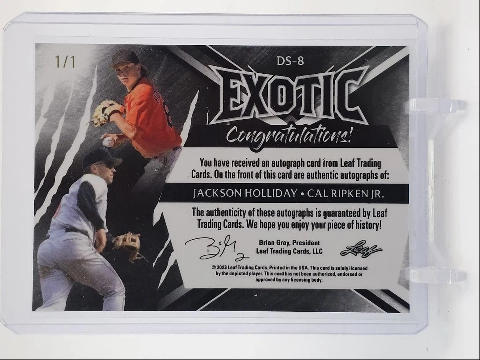 JACKSON HOLLIDAY CAL RIPKEN JR. 2023 LEAF EXOTIC PEACOCK WAVE AUTO 1/1 Q6053 - Image 2 of 2