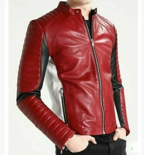 NOORA Men's Red and black Biker Fashion Motorcycle Cafe Racer Leather Jacket #RS